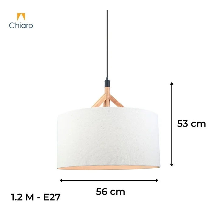 Colgante pantalla de tela natural y detalles en madera 56cm en Blanco - Lámparas colgantes, Uruguay | Iluminica, vista 3