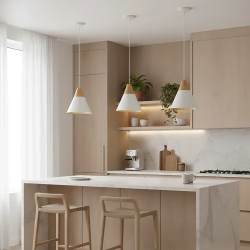 Campana de aluminio y madera cónica estilo nórdico - Blanca en Blanco - Lámparas colgantes, Uruguay | Iluminica