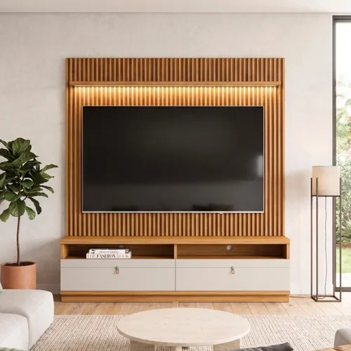 Modular para Tv Ouro Rack + Panel 1.8 en Madera natural - Muebles para TV, Uruguay | Rústico Hogar