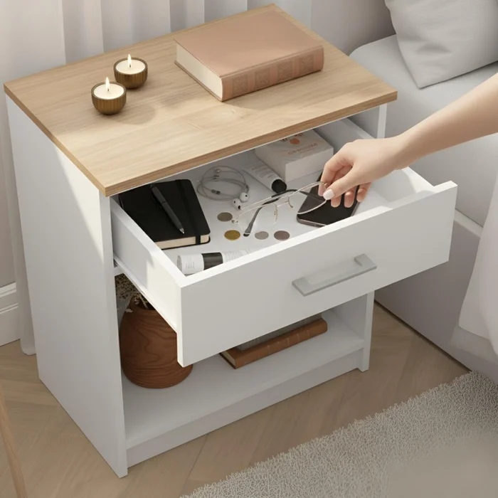 Mesa de Luz Italia - 1 Cajón y Nicho - MDP y ABS - 55cm Alto - Blanco / Miel en Blanco - Respaldos de cama, Uruguay | Mulata, vista 3