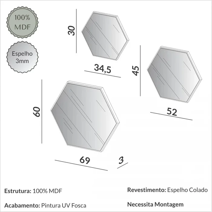 Kit de espejos decorativos hexagonales 60cm, 45cm y 30cm Bordes Blancos en Gris - Espejos, Uruguay | Balton, vista 4