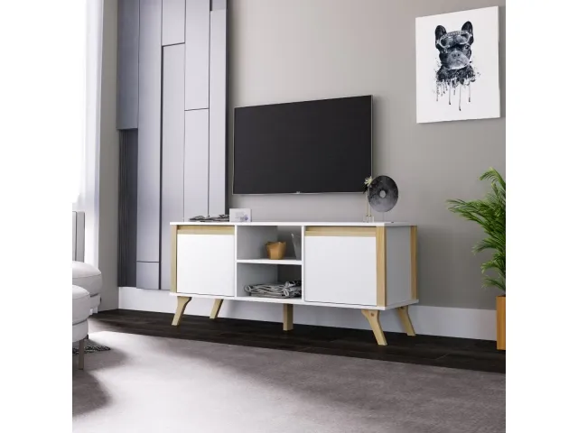 Rack de TV Combinado Madera 2 Puertas Blanco/Miel - Muebles para TV, Uruguay | Que Sal Muebleria