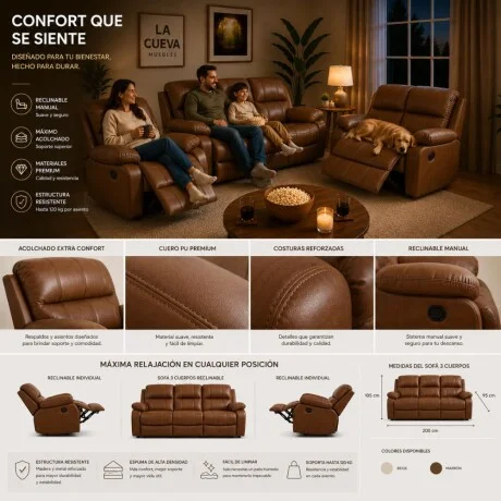 Juego de living reclinable 3+2+1 en Marrón - Sillones y sofás, Uruguay | La Cueva Muebles, vista 12