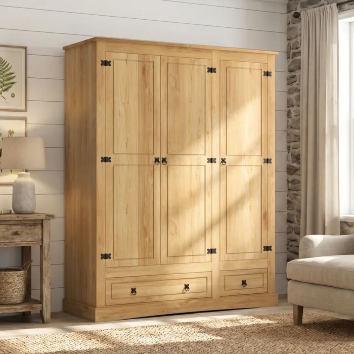Ropero 3 Puertas 2 Cajones Madera - Linea Mexicana - Natural en Madera natural - Roperos y placares, Uruguay | Rústico Hogar
