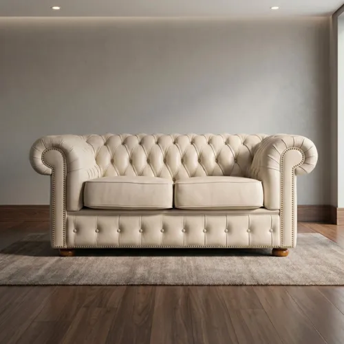 Sillón 100% Cuero - 2 Cuerpos - Chesterfield - Arena en Blanco - Sillones y sofás, Uruguay | Rústico Hogar
