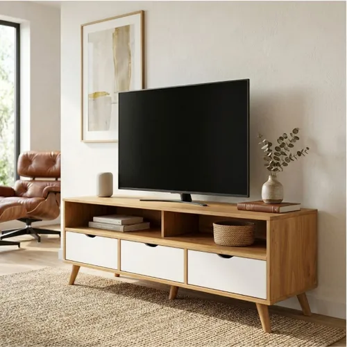 Rack 3 Cajones Madera - Linea Dublin en Blanco - Muebles para TV, Uruguay | Rústico Hogar