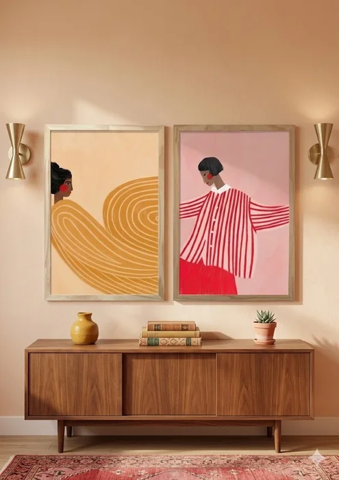 Kit 2 Cuadros – Miradas en Curva – 40 X 60 en Marrón / Amarillo / Rosa / Rojo – Material Marco: Pino – Moldura Caja - Decoración de pared, Uruguay | Berna home, vista 3