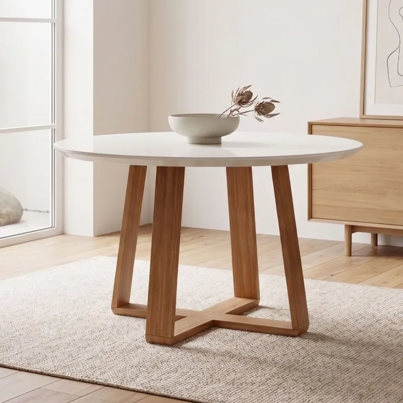 Mesa de Comedor 1.0 Redonda Linea Manhattan Blanco/Natural - Mesas de comedor, Uruguay | Rústico Hogar