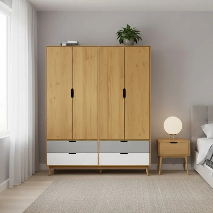 Ropero 4 Puertas 4 Cajones - Línea Nórdica - Roble/Gris claro/Blanco en Madera natural - Roperos y placares, Uruguay | Rústico Hogar