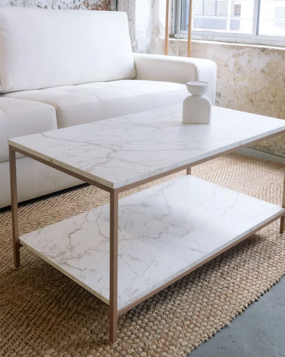 Mesa de Centro Ratona Rectangular Tapa Doble (Mármol y Hierro Dorado) en Blanco - Mesas de living, Uruguay | Berna home, vista 2
