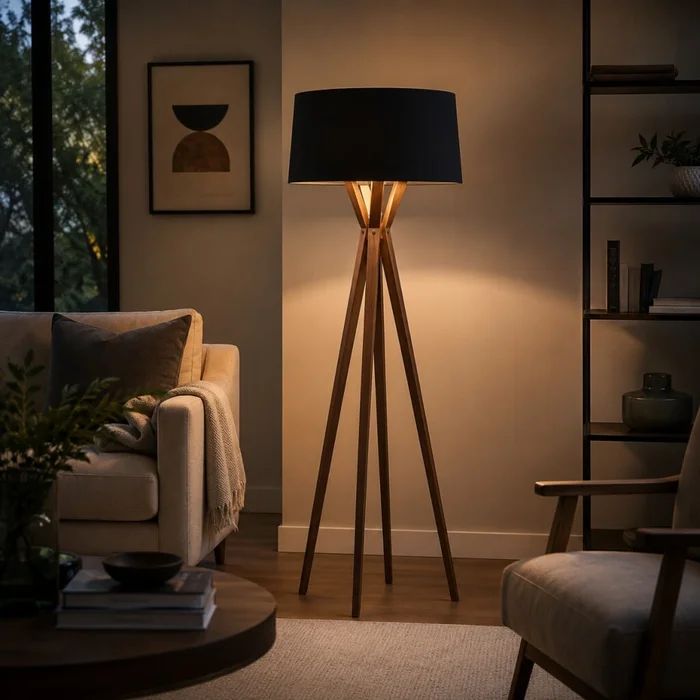 Luminaria de pie pantalla negra y madera E27 147cm en Negro - Lámparas de pie, Uruguay | Iluminica