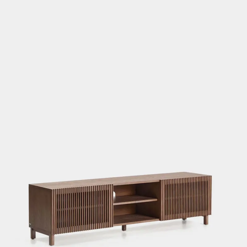 Mueble TV Beyla 2 puertas de chapa y madera maciza de fresno con acabado tono nogal 180 x 49,5 cm en Marrón - Muebles para TV, Uruguay | Kavehome