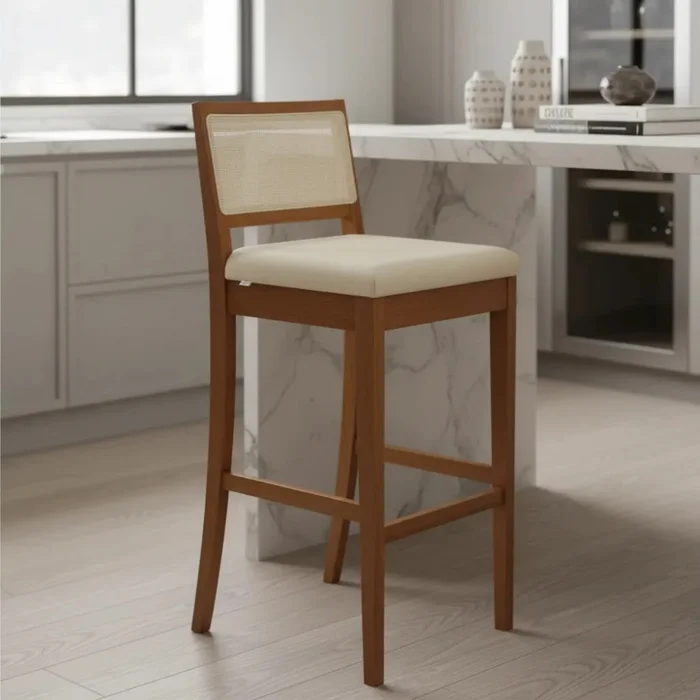 BANCO ALTO PARA BARRA - ESTERILLA - TAPIZADO TELA BEIGE en Madera natural - Butacas, banquetas y puffs, Uruguay | Champagne Home, vista 2