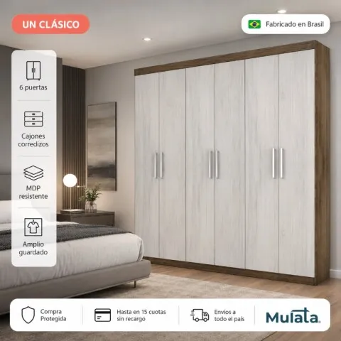 Ropero Armario Placard de 6 Puertas con Cajones Corredizos - MDP - Gris claro en Gris - Roperos y placares, Uruguay | Mulata