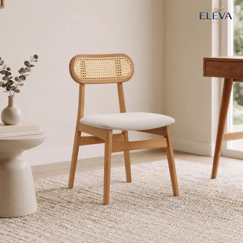 Silla de Comedor Classic Ratán - Línea Rika - Tela Lino/Natural - Nogal claro en Madera natural - Sillas, Uruguay | Nario Hogar