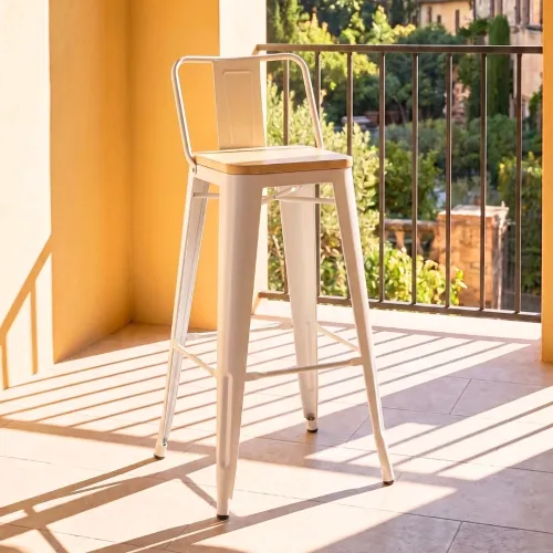 Banqueta Butaca con Respaldo Metal Madera - Tolix - Blanco en Blanco - Butacas, banquetas y puffs, Uruguay | Ecowood