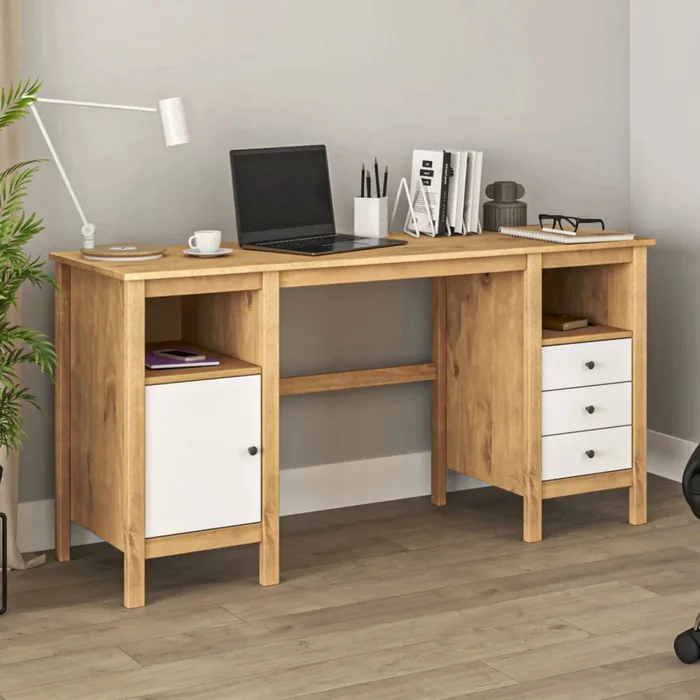 Escritorio 3 Cajones 1 Nicho 1 Puerta - Línea Maden - Blanco en Madera natural - Escritorios y sillas de escritorio, Uruguay | Ecowood