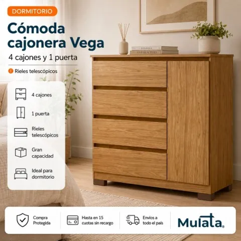 Comoda Cajonera Vega para Dormitorio 4 Cajones con Rieles Telescópicos y 1 Puerta - Marrocos - Cómodas, Uruguay | Mulata