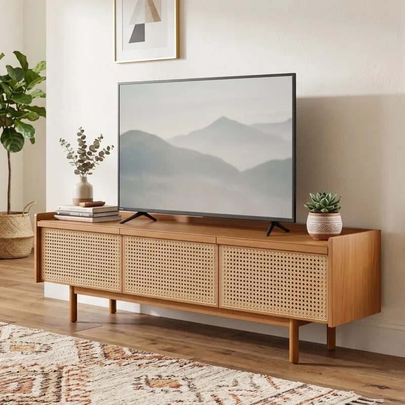 Rack de TV Dune Rattan 1.8 - Linea Manhattan - Off White en Madera natural - Muebles para TV, Uruguay | Rústico Hogar