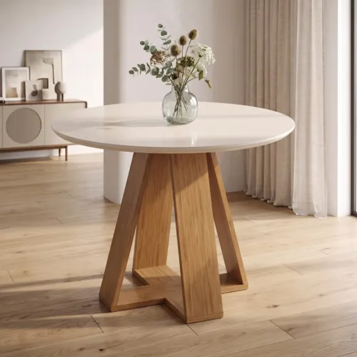 Mesa de Comedor Redonda - Linea Celeste Milán - Blanca en Beige - Mesas de comedor, Uruguay | Rústico Hogar