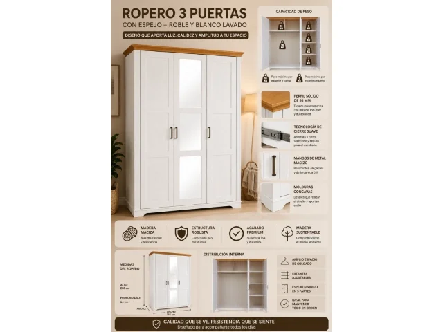 Ropero 3 puertas en madera maciza con espejo en Blanco - Sillones y sofás, Uruguay | Que Sal Muebleria