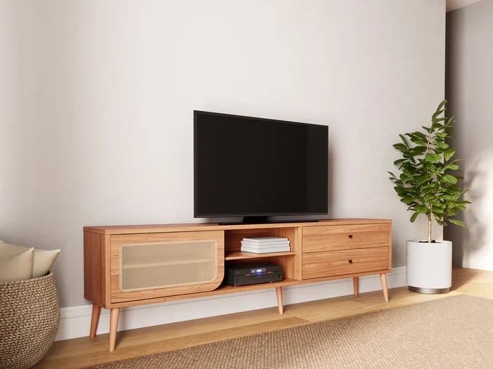 Rack Tv Madrid Ratan Sintetico 220CM 100% MDF C/ 2 Cajones en Madera natural - Muebles para TV, Uruguay | Balton