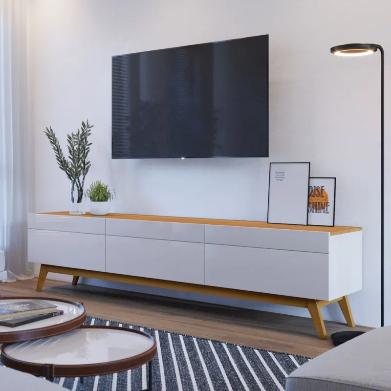 Rack Classic 180 - 3 cajones - Off White y Natural en Blanco - Muebles para TV, Uruguay | NYR