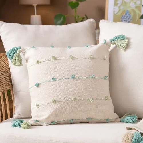 Funda de Almohadón Líneas Bordadas y Borlas - Textiles, Uruguay | Arredo