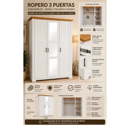 Ropero 3 puertas en madera maciza con espejo en Blanco - Sillones y sofás, Uruguay | Que Sal Muebleria