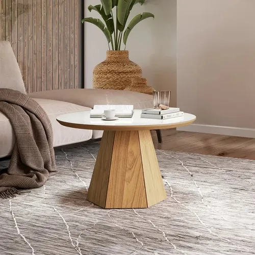 Mesa Ratona de Centro Lorena Hexagonal 70CM - OFF WHITE/FREIJO - Mesas de living, Uruguay | Balton