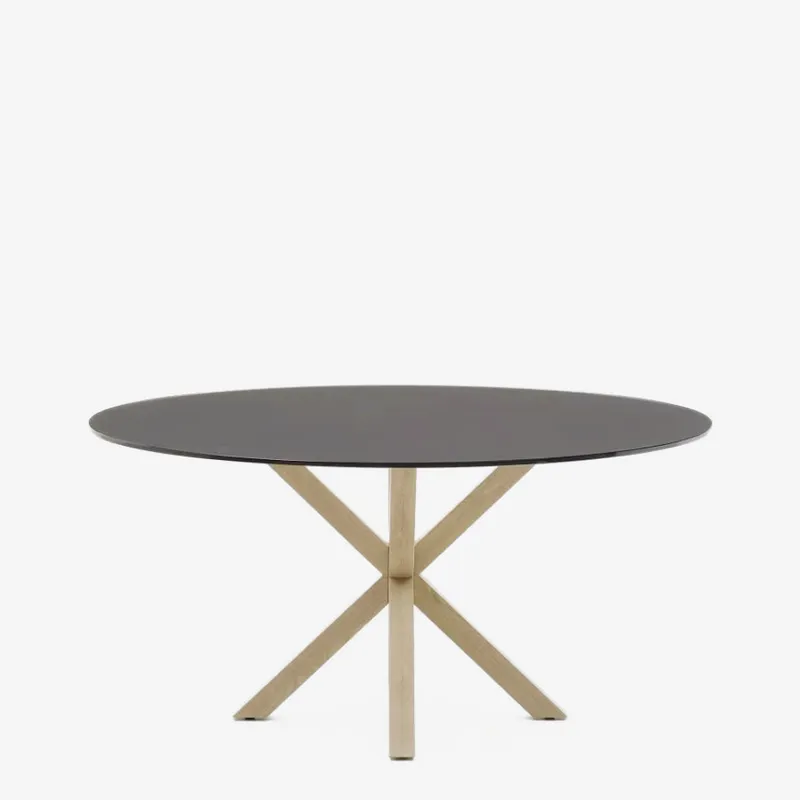 Mesa redonda Argo de cristal negro mate y patas de acero efecto madera Ø 150 cm en Negro - Mesas de comedor, Uruguay | Kavehome