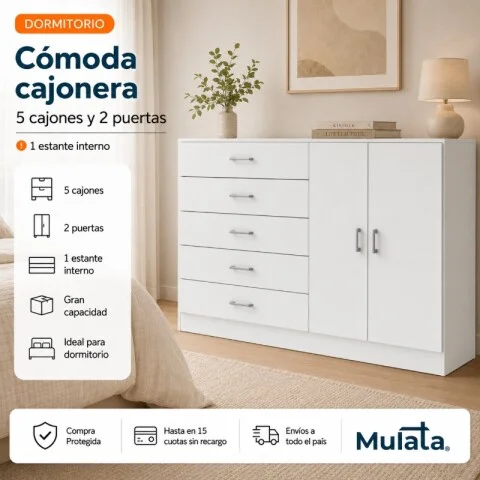Cómoda Cajonera para Dormitorio de 5 Cajones 2 Puertas y 1 Estante interno - FE - Blanco en Blanco - Cómodas, Uruguay | Mulata