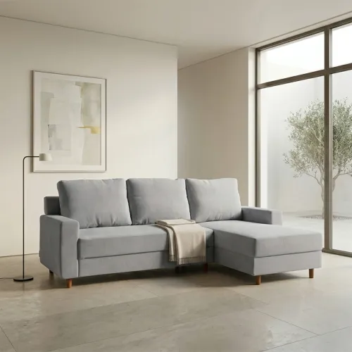 Rinconera Lucci - Tela Microfibra - Chaise derecho - Berlin 05 (Ceniza) en Beige - Sillones y sofás, Uruguay | NYR