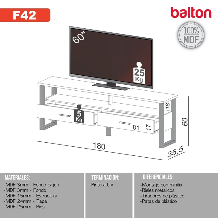 Rack para tv F42 180CM Industrial 100% MDF - Linea Factory en Marrón - Muebles para TV, Uruguay | Balton, vista 6