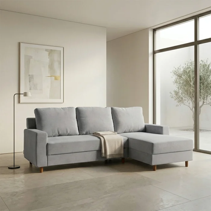 Rinconera Lucci - Tela Microfibra - Chaise derecho - Berlin 05 (Ceniza) en Beige - Sillones y sofás, Uruguay | NYR