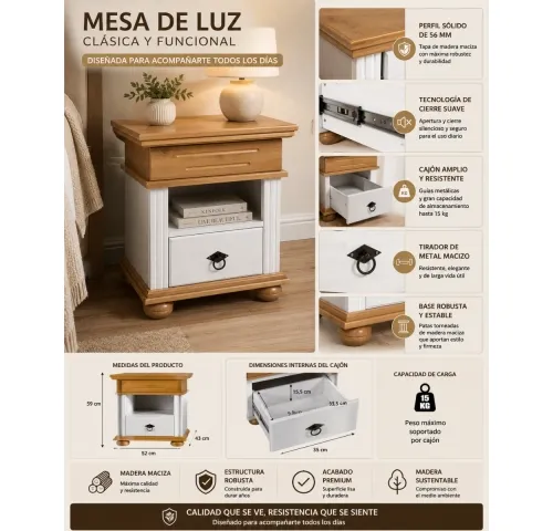Mesa de luz con nicho 1C Madera maciza en Blanco - Mesas de luz, Uruguay | Que Sal Muebleria