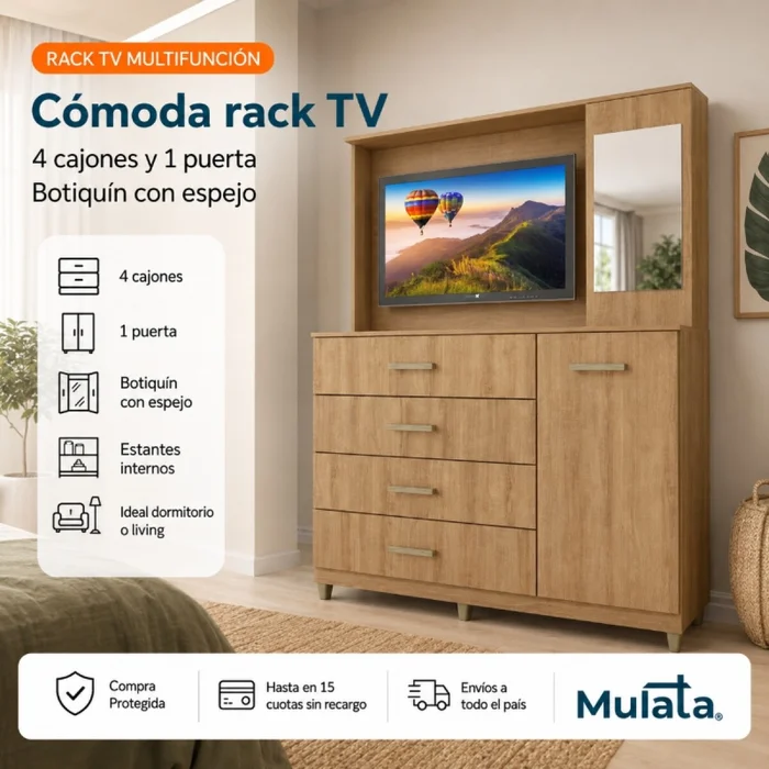 Comoda Cajonera Rack TV de 4 cajones 1 puerta 1 Botiquín con Espejo y Estantes para Dormitorio o Living - FE - Miel en Madera natural - Cómodas, Uruguay | Mulata, vista 2