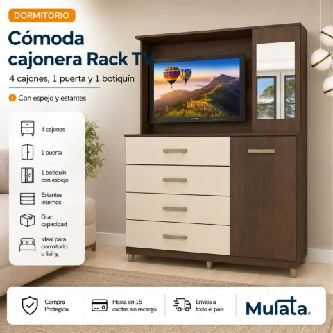 Comoda Cajonera Rack TV de 4 cajones 1 puerta 1 Botiquín con Espejo y Estantes para Dormitorio o Living - FE - R/Champan en Multicolor - Cómodas, Uruguay | Mulata