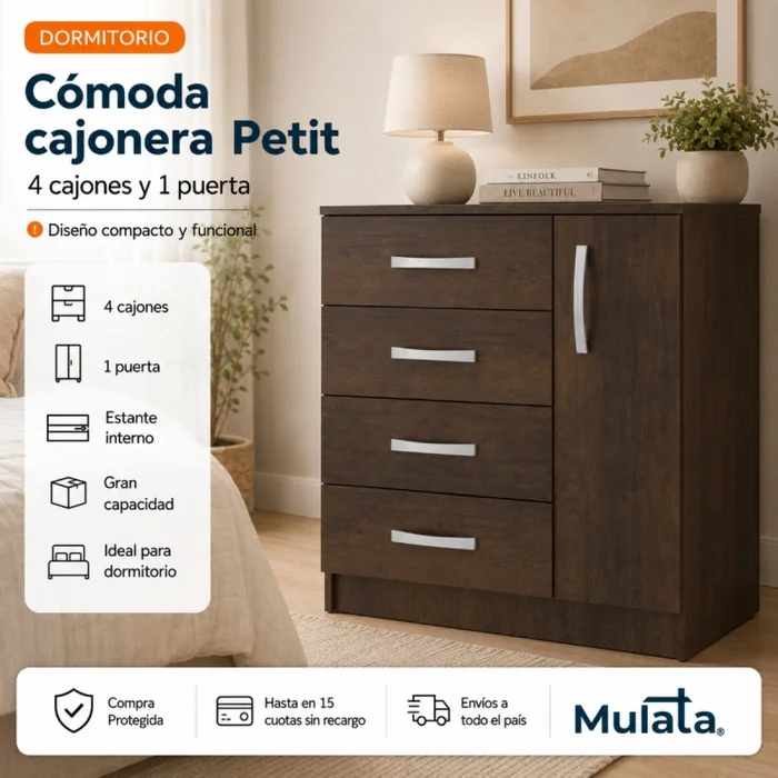 Comoda Cajonera Petit para Dormitorio de 4 Cajones 1 Puerta - FE - Marron en Marrón - Cómodas, Uruguay | Mulata, vista 2