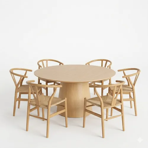 Juego comedor 6 sillas Wishbone Natural + Mesa Redonda 120cm - Sillas, Uruguay | Berna home
