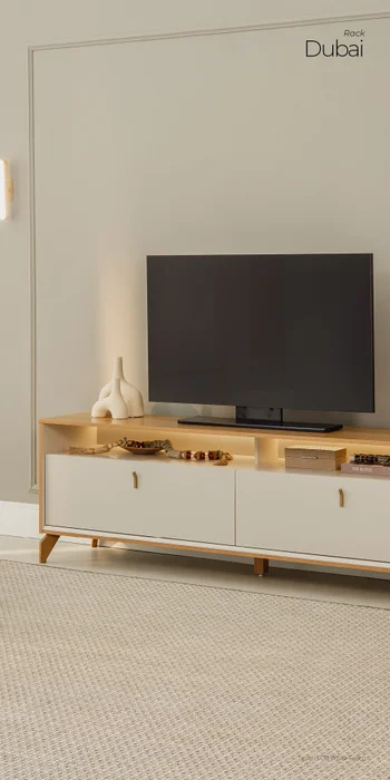 Rack para tv Dubai 160cm con Led - Patas en madera maciza en Beige - Muebles para TV, Uruguay | Balton