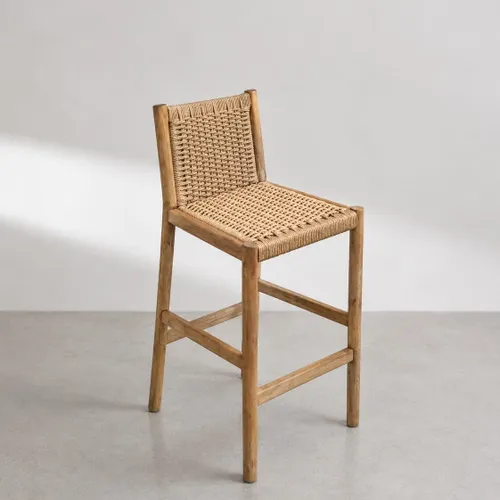 Banqueta en madera teca y cuerda en respaldo y asiento en Madera natural - Butacas, banquetas y puffs, Uruguay | Entrecasa