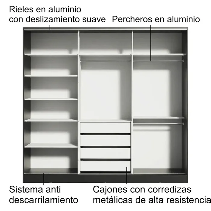 Ropero Placard Matrimonial 100% MDF Zurique 231cm Puertas Corredizas c en Negro - Roperos y placares, Uruguay | Balton, vista 9