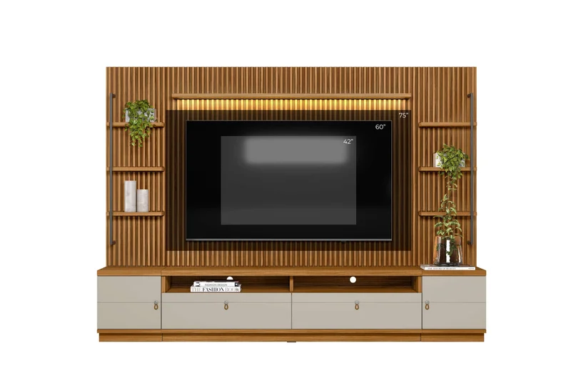 Rack con Panel Ouro Listones de madera y Led 268cm MDF/MDP en Madera natural - Muebles para TV, Uruguay | Balton, vista 11