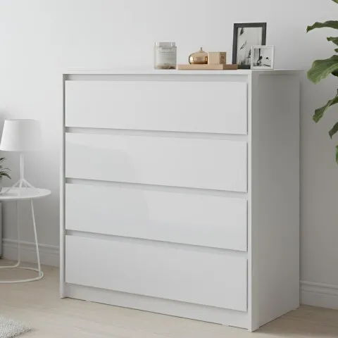 Comoda Cajonera Carla para Dormitorio 4 Cajones con Rieles Telescópicos - Blanco en Blanco - Cómodas, Uruguay | Mulata