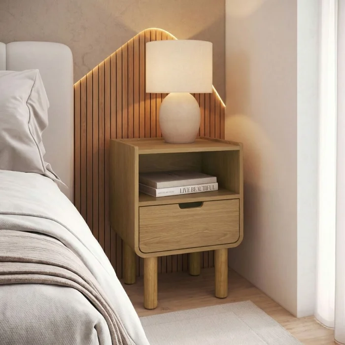 Mesa de Luz Aura - 1 Cajon - Natural en Marrón - Mesas de luz, Uruguay | Nyr
