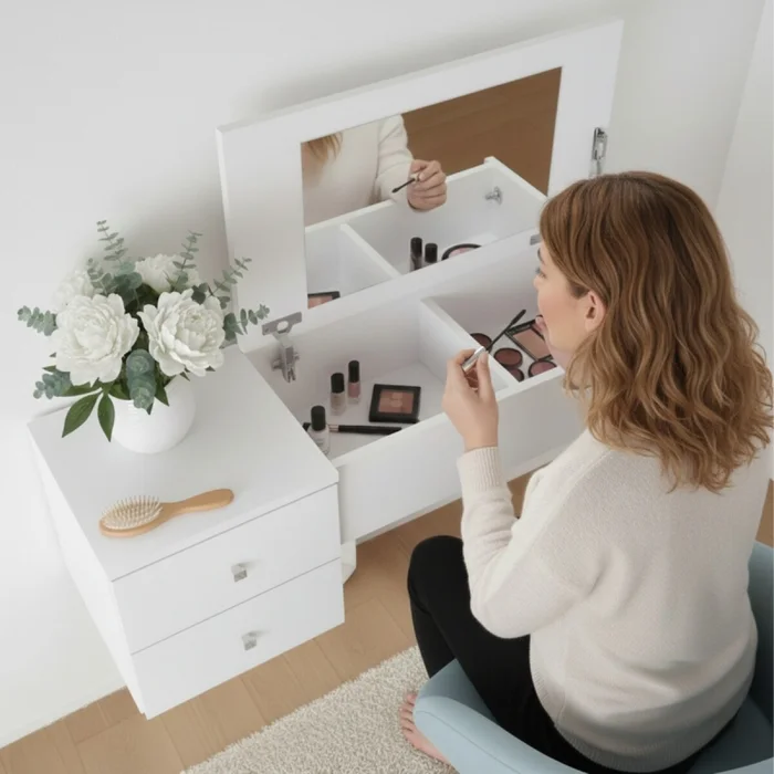 Mueble Tocador Zoe Colgante De Pared con Espejo - Escritorio y Cajones en Blanco, Uruguay | Mulata, vista 2