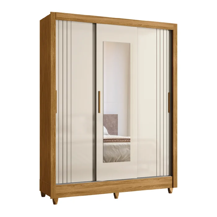 Ropero 3 Puertas Corredizas 2 Cajones Con Espejo Bolivia Freijo Off White en Off-white - Roperos y placares, Uruguay | Muebles Express