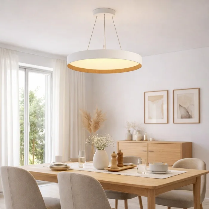 Luminaria led suspender blanca y madera 48W dimerizable, 50cm en Blanco - Lámparas colgantes, Uruguay | Iluminica