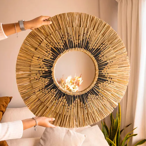 Espejo en fibra natural Hari 70cm en Madera natural - Espejos, Uruguay | Alta Gracia Deco
